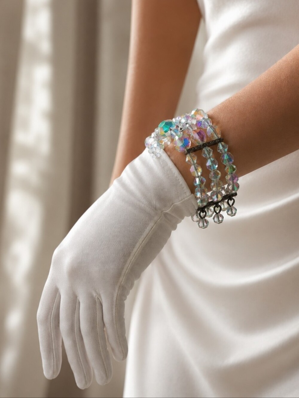 Triple Strand Vintage Memory Wire Crystal Clear Aurora Borealis Bracelet Small